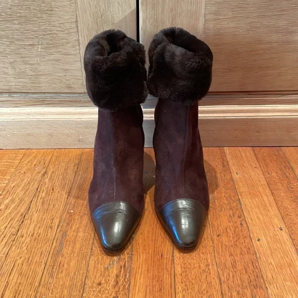 Valentino Couture Brown Suede Faux-Fur Trimmed Boots, Size 38.5 - Picture 2 of 15